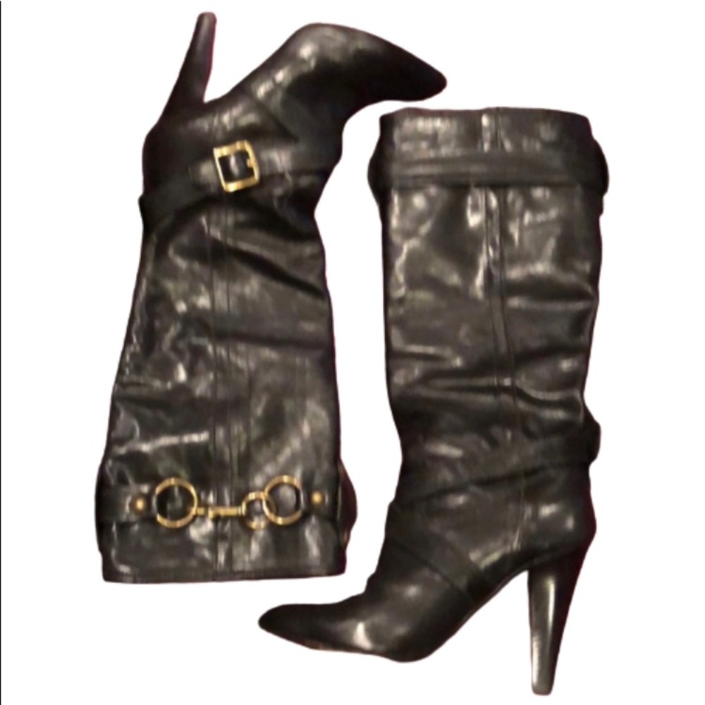 COACH black leather high heeled boots with buckles